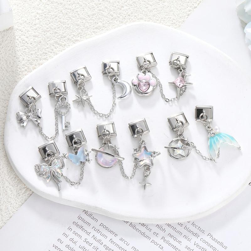 Zircon Bow Knot Moon Butterfly Star Cat Paw Tassel Chain Italian Charm Links Fit 9mm Stainless Steel Bracelet Women DIY Making