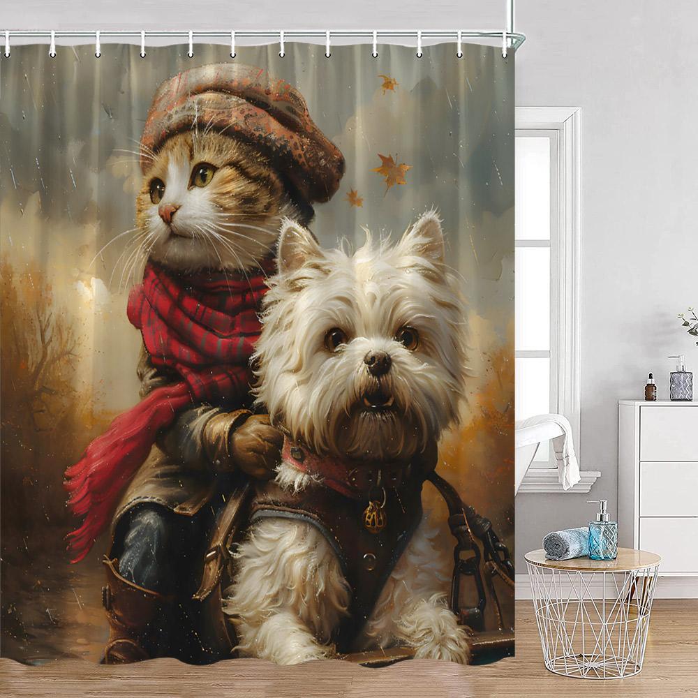 Grappige Katten Douchegordijn Katten Rijden op Haaien Cool Schattige Katten Honden Bloemen Zomer Badkamer Decoraties Polyester Badgordijn