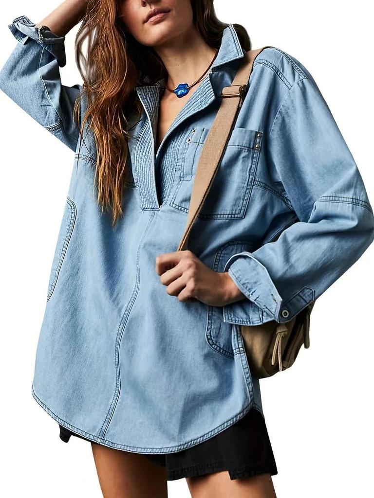 2025 Denim V-Neck Jacket: New Euro-American Long Sleeve Casual Fashion