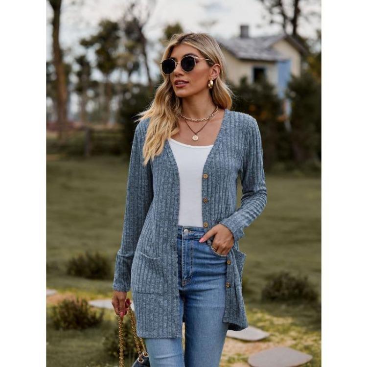Damen Strickjacke Pullover Langarm Einfarbig Gestreift Gestrickt Herbst Winter Mode