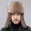 Rabbit Fur Cap Man Winter Genuine Fur Bomber Hat Windproof Warm Earmuffs Male Flat Grey/Black Russian Winter Rabbit Fur Hat