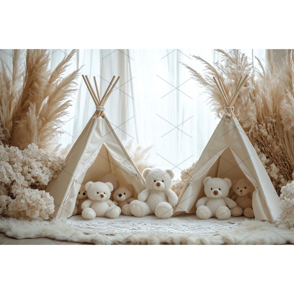 Boho Pampas Teddy Bear Photography Background Balloons Arch Tent Decor Cake Smash Baby 1st Birthday Indoor Photocall Backdrops