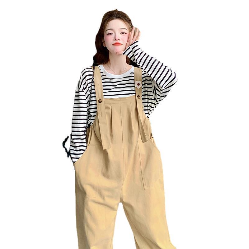 Khaki Women's Age-Defying Overalls and T-Shirt Set - Spring/Summer 2024 Korean Style