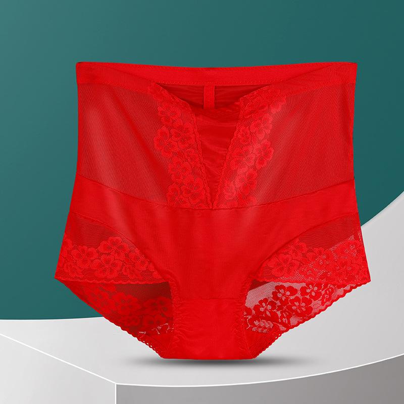 Plus Size Female Summer Hollowed-out Lace Ice Silk Sheer Mesh High Waist Tummy Tuck Panties