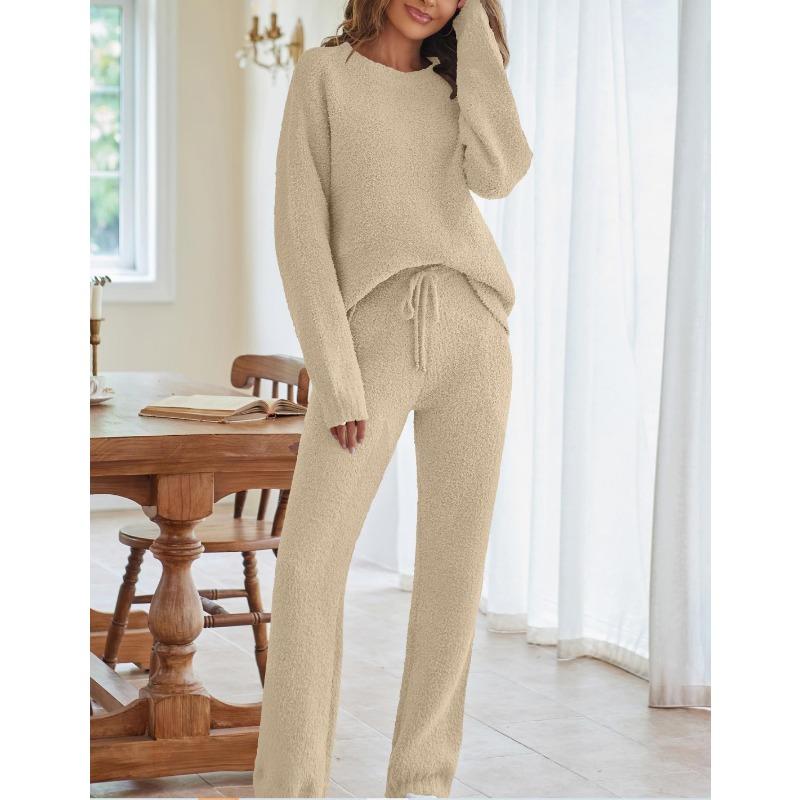 Women's Solid Color Round Neck Long Sleeve Trousers Thick Warm Suit