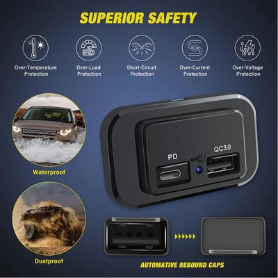 Steckdosenleiste 12V 24V Dual-USB-Steckdose Typ C PD QC3.0 Oberflächenmontage mit LED-Licht für Auto Wohnmobil Boot Motorrad LKW