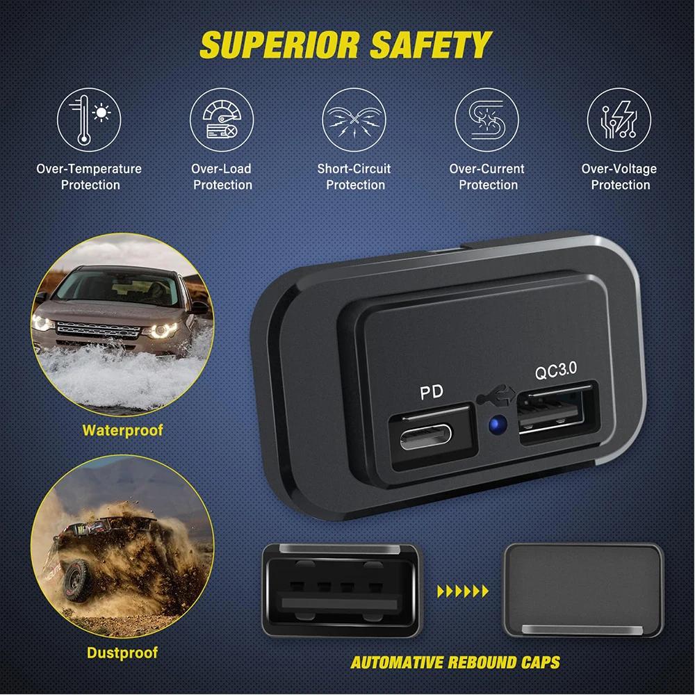 Socket Panel 12V 24V Dual USB Outlet PD Type C QC3.0 Surface Mount with LED Light for Automotive RV Marine Boat Motorcycle Truck
