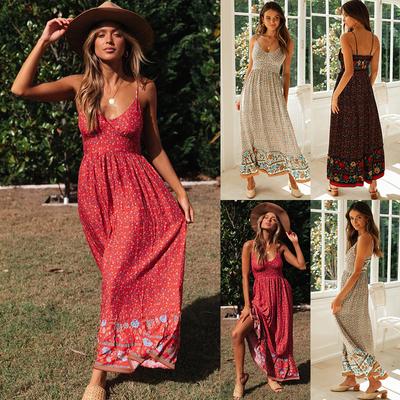 Summer Women's Bohemian V-neck Cotton Sling Dress Floral Dress