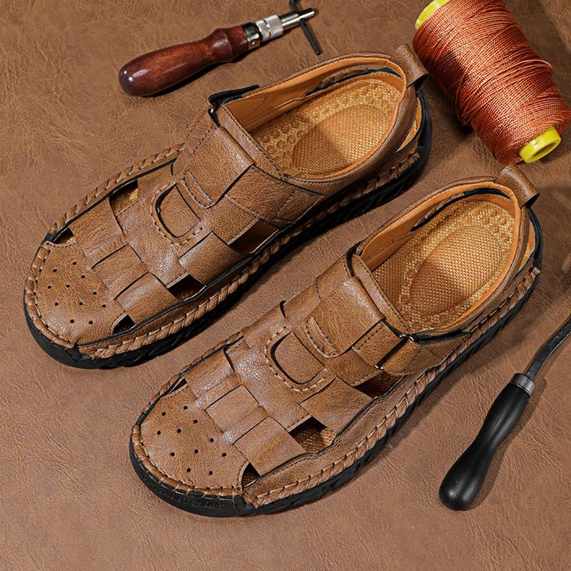 2024 Classic Brand Trend Brown Men's Sandals Handmade Soles Durable Men's Camping Beach Shoes Anti Slip Hollow Casual Shoes