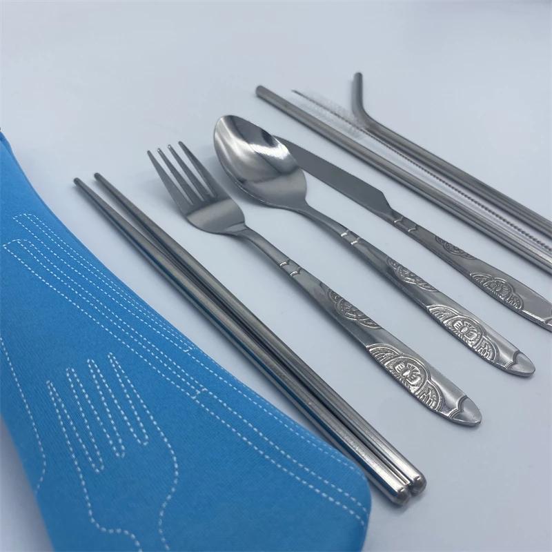 3pcs/7pcs Set Dinnerware Portable Printed Stainless Steel Spoon Fork Steak Knife Set Travel Cutlery Tableware with Bag