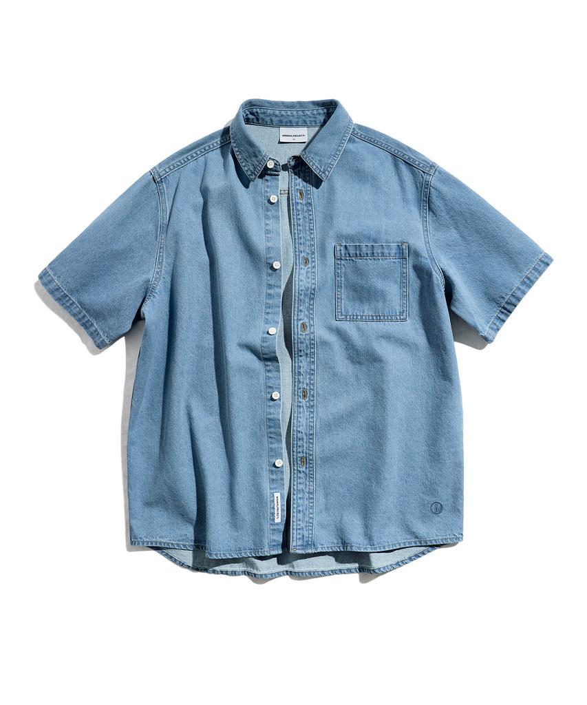 MINIMALPROJECT Symbol Embroidered One-Pocket Oversized Short Sleeve Denim Shirt Mls239 [Blue]