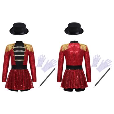 Girls Ringmaster Circus Costume Set Long Sleeve Tassel Shoulder Back Zipper Sequin Bodysuit Hat Magic Wand Gloves