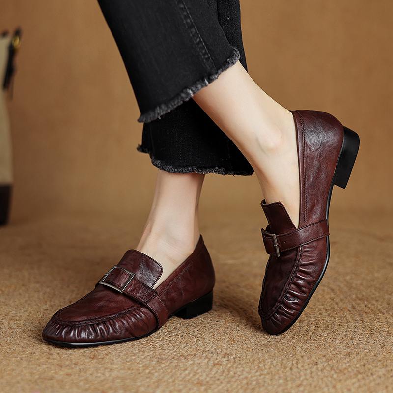 Krazing Pot Cow Skin Spring Summer Size 40 Loafers Thick Low Heels Pleated Decoration Women Round Toe Leisure Pumps