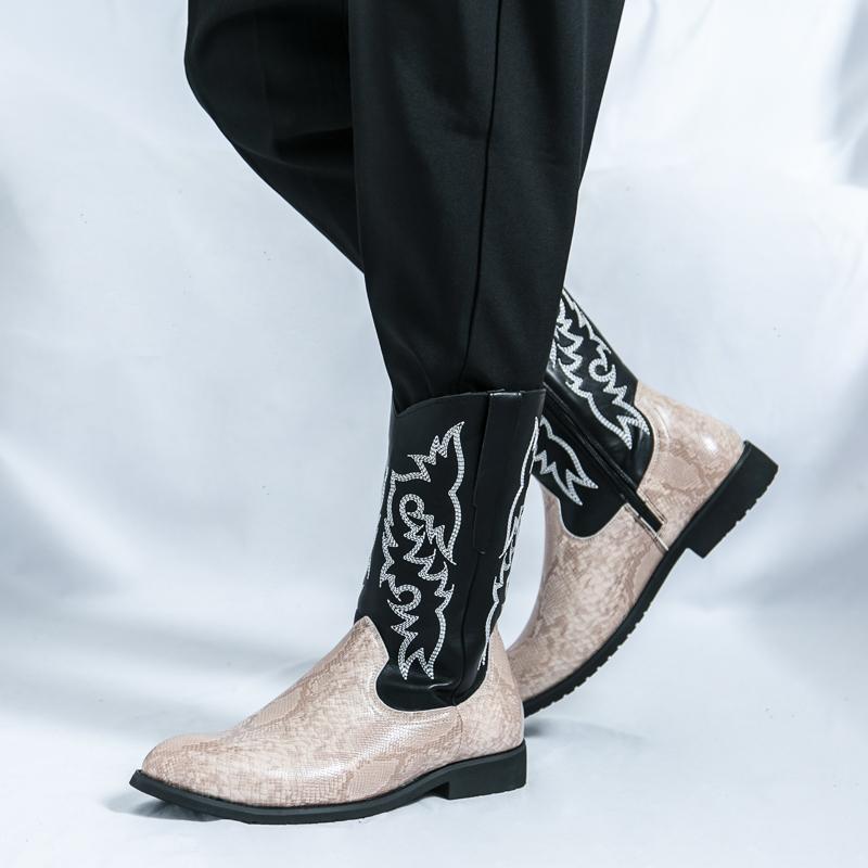 Men’s Pointed Toe Embroidered Western Cowboy Boots Casual Retro Dress Leather Men’s  Mid-calf Boots Plus Size