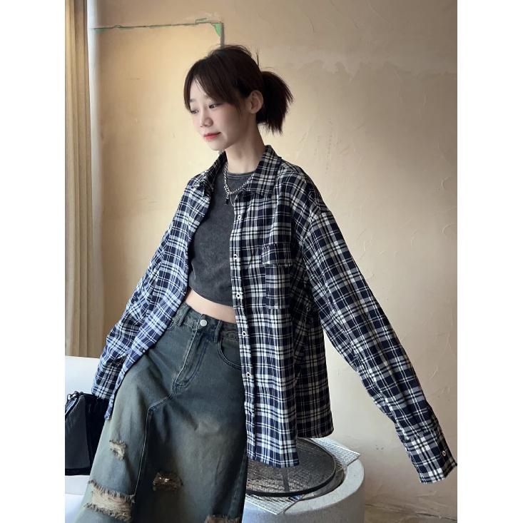 2024 Plaid Long Sleeve Shirt Japanese Hong Kong Style Ins Loose Shirt Boys Summer Trendy Versatile Casual Coat