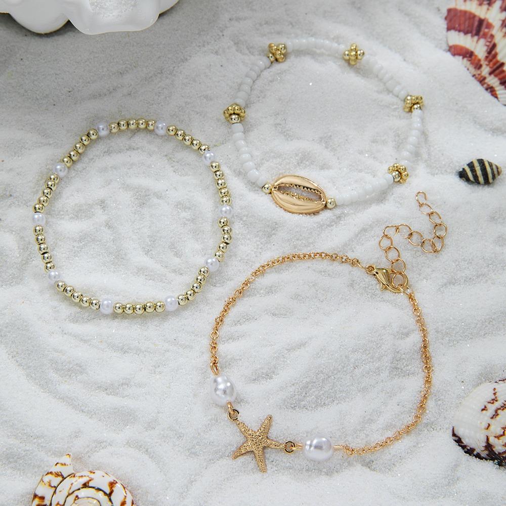 3pcs Set Bohemia Fashion Ocean Shell Starfish Pendant Imitation Pearl Beaded Bracelets for Women Summer Beach Vacation Jewelry