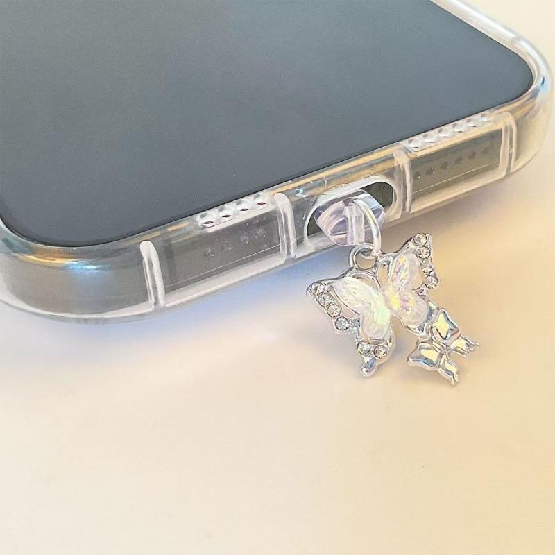 Přívěsek Prachová zátka na mobilní telefon Nový Motýl s umělými perlami a diamanty Příslušenství Dekorace pro port IPhone Type-c