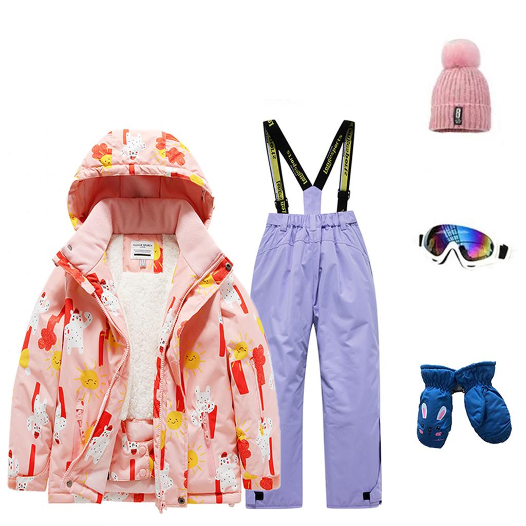 Dětská módní lyžařská souprava pro chlapce a dívky, zateplená, voděodolná, termo lyžařská souprava, pětidílný komplet s bundou a kalhotami