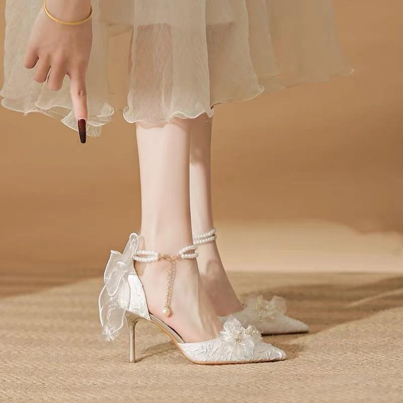 White Stiletto High Heels with Two-Way Butterfly Design - Perfect for Weddings