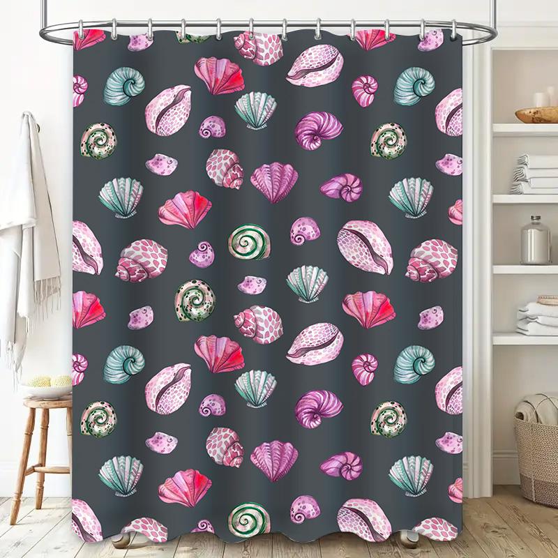 Watercolor Seashells Pattern Shower Curtain Pink Green Purple Shells Bath Decor With Metal Hook Perfect For Beach House Bathroom