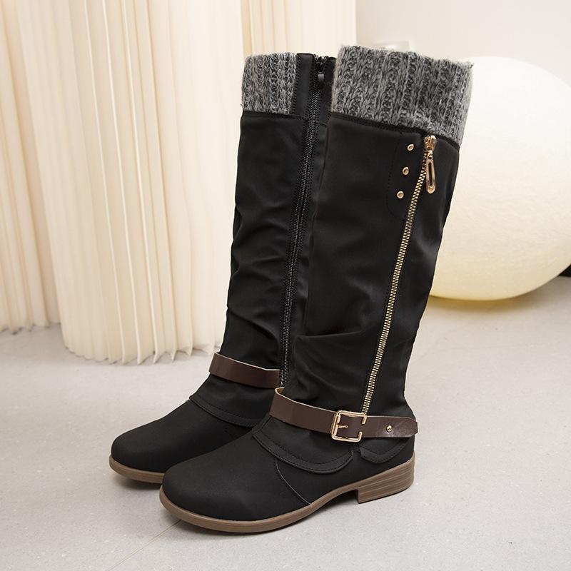 Plus Size Long Knight Boots New European and American Round Toe Side Zipper Woolen Boots