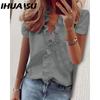 IHUASU Women's Fashion Casual Solid Color Print Short Sleeve V Neck Blouses & Shirts