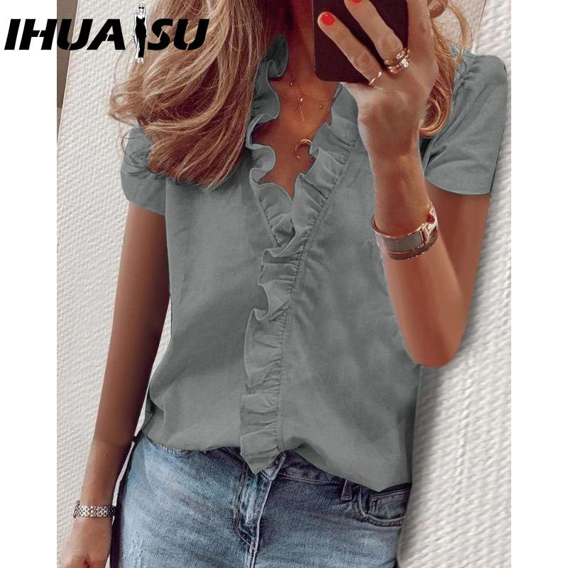 IHUASU Women's Fashion Casual Solid Color Print Short Sleeve V Neck Blouses & Shirts
