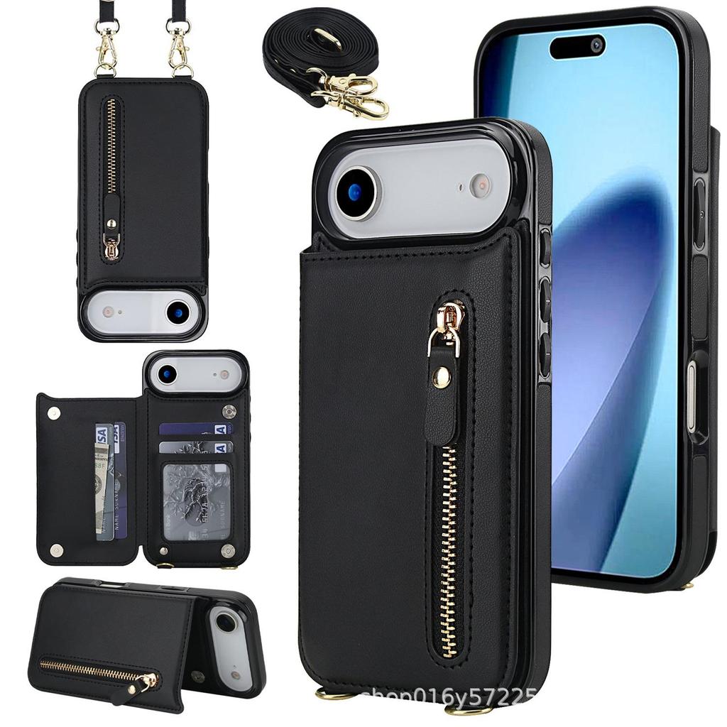 iPhone 17 Pro Max Crossbody Leather Wallet Case with Card Slots & Double Buckle Zipper