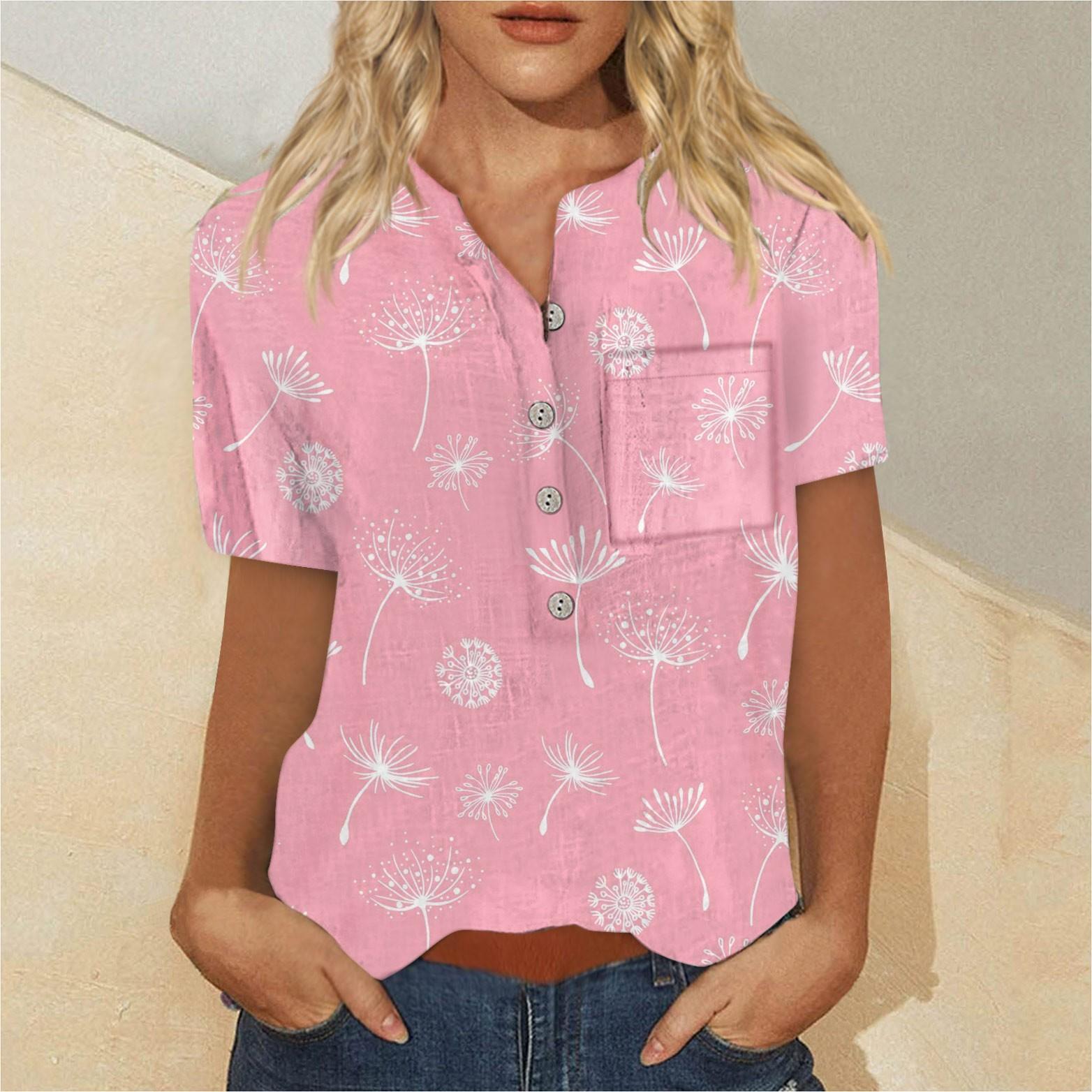 

Женская модная рубашка с коротким рукавом с принтом на пуговицах на груди и кармане XL розовый