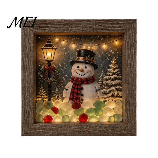 Wooden Landscape Ornament Christmas Snowy Night Light Picture Frame, Vintage Frame 3D Mini Lighted Shadow Box Lamp, Desktop Atmosphere Decor