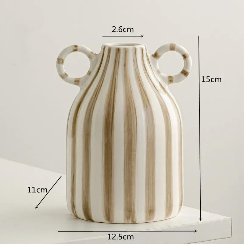 Vase à Fleurs Créatif en Céramique Peint à la Main avec Deux Oreilles, Vase à Rayures Créatives, Décoration pour Arrangements Floraux, Ornements de Table, Cadeaux pour la Maison