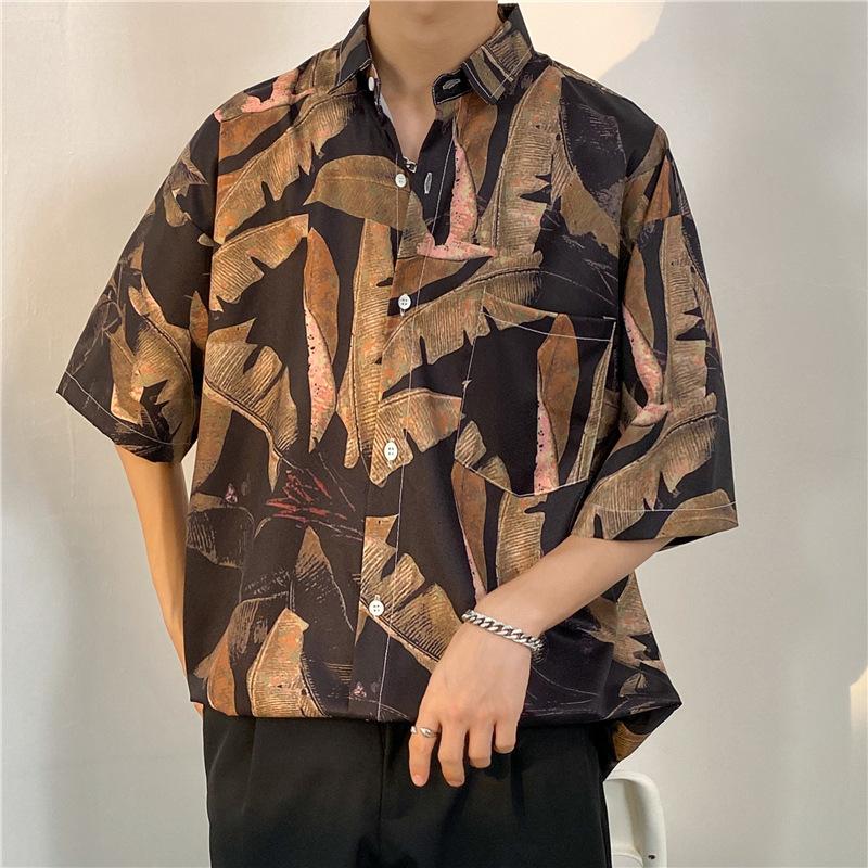 Mens Retro Tropical Print Short Sleeve Shirt Summer Loose Casual Top M