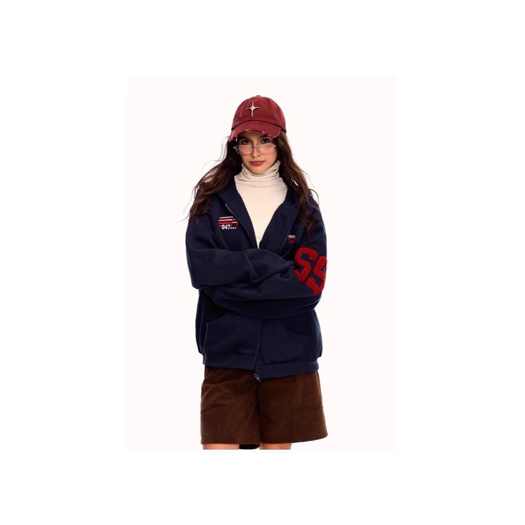 

Embroidered Heavyweight Retro Sport Hoodie - Unisex Winter Loose Fit Jacket XL