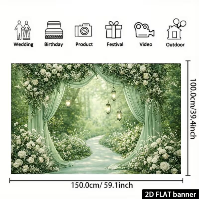 2D Grüne Florale Hochzeitskulisse, Weißer Rosenvorhang Foto Hintergrund Banner