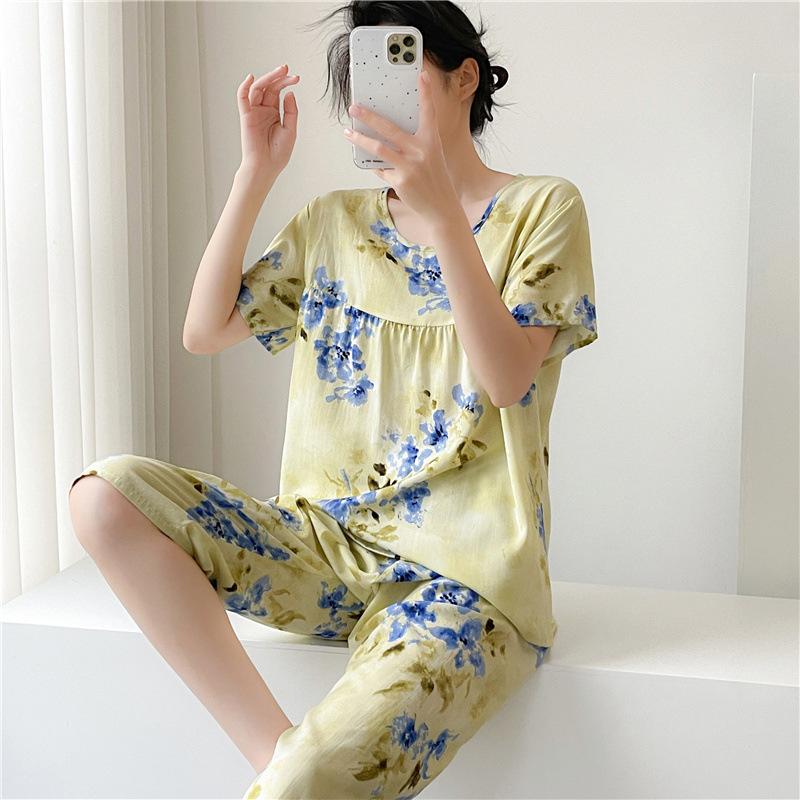 1011 Spring and Autumn Short Sleeve New Printed Pajama Set Summer Thin Sweet Floral Loose Loungewear