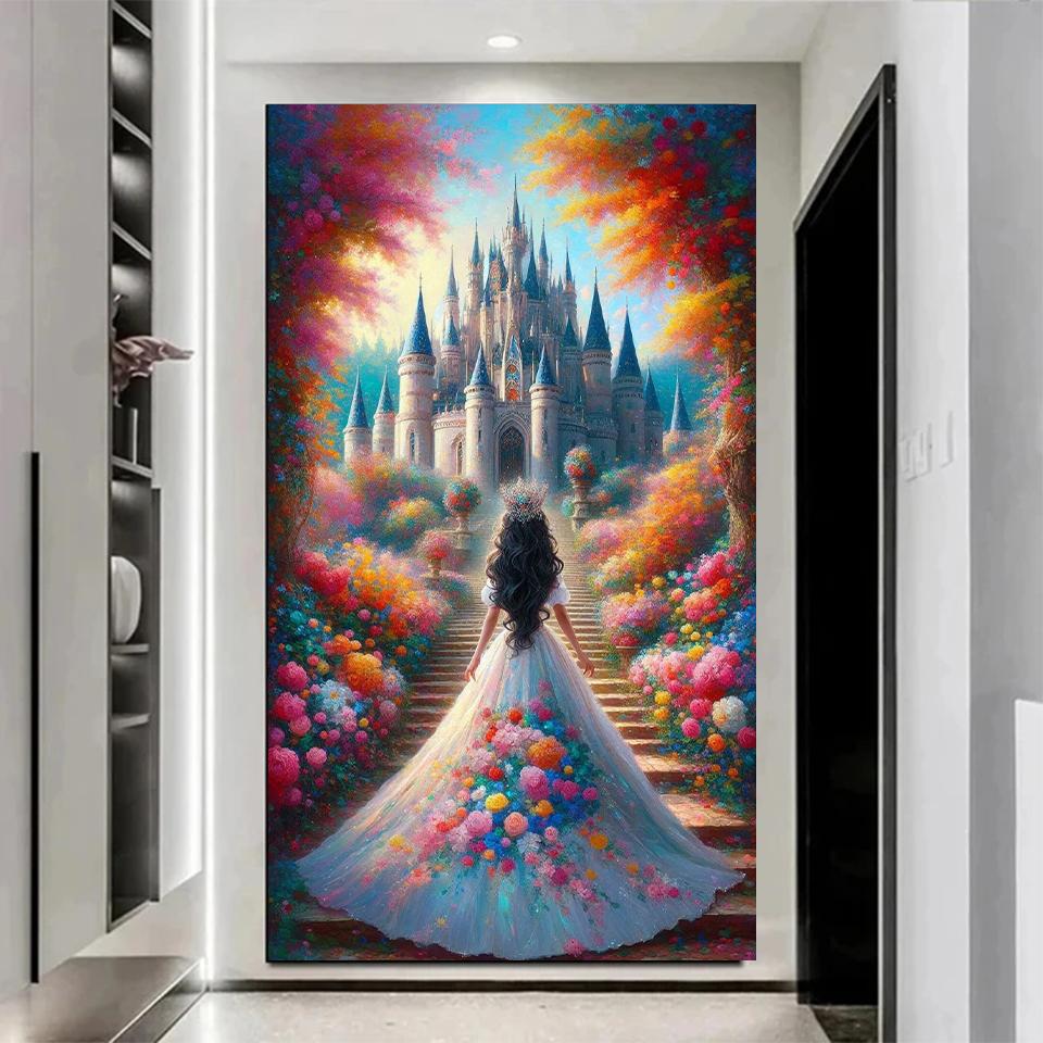 DIY 5D Diamond Embroidery Long Color Dress Princess Back Painting Mosaic Jewelry Cross Embroidery Palace Castle Home Decoration