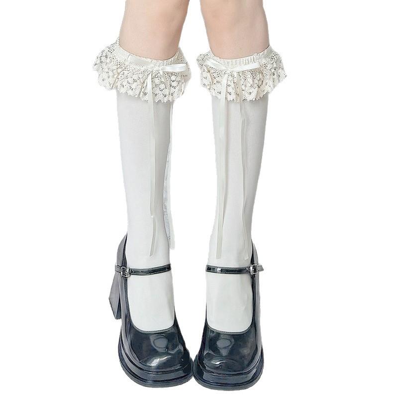 Lace Lace Calf Socks Japanese Lolita Socks Women'S Autumn Thin White Stacked Socks Bow Mid-Leg Socks