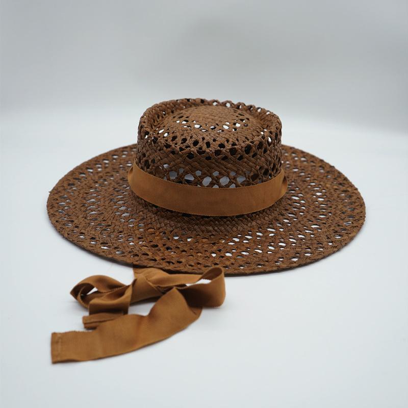 Brown Hollow Hand-Woven Raffia Panama Jazz Top Hat Flat Straw Hat Summer Men'S And Women'S Vacation Beach