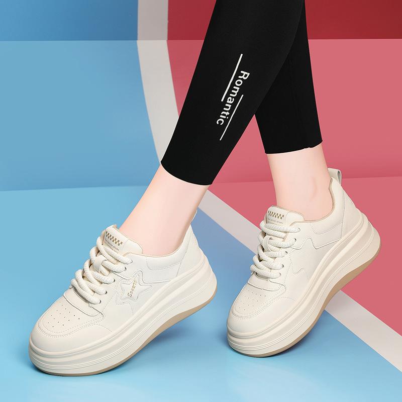 Genuine Leather Board Shoes Sneakers for Women's Spring and Autumn New Style Sponge Cake Sole Non-slip Lightweight Casual and Versatile Women's
