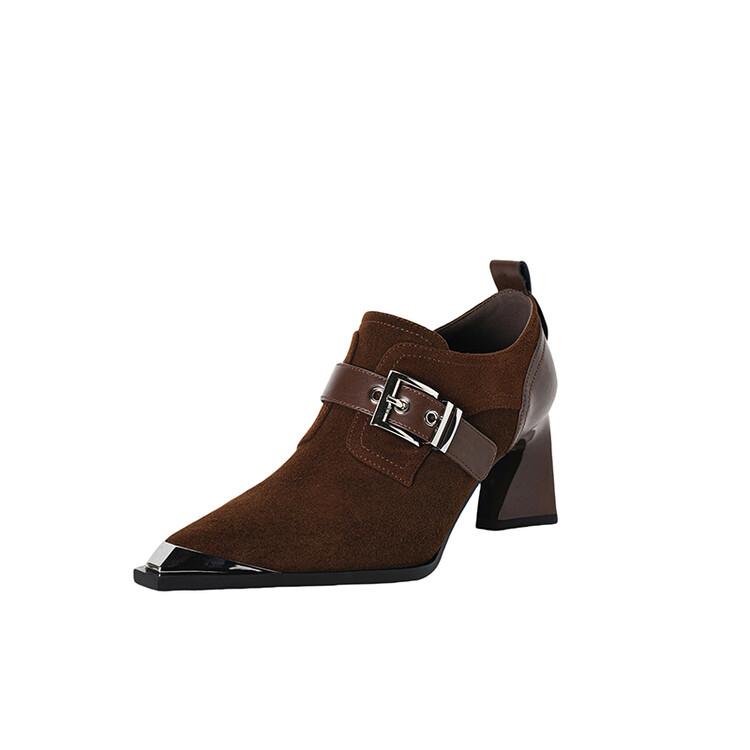 

Fashion NEW Spring/Autumn Women Pumps Sheep Suede Leather Shoes for Women Pointed Toe Chunky Heel Shoes Belt Buckle High Heel Shoes 40 коричневый