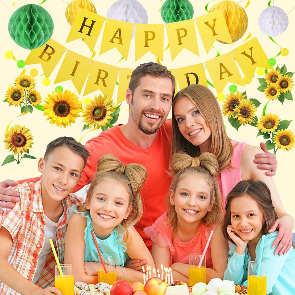 Sunflower Birthday Party Decorations Green Yellow Sunflower Banner with Honeycomb Balls Hanging Swilrs and Circle Dot Garland for Boy Girl Sunflower