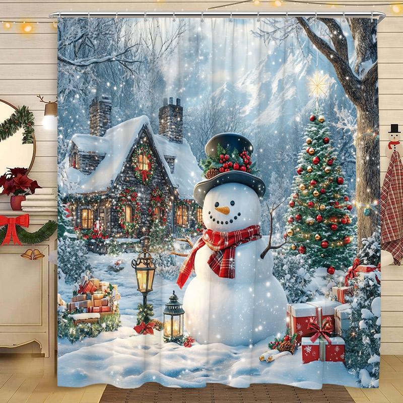Christmas Shower Curtains Funny Santa Claus Xmas Tree Fir Branch Red Berry Birds New Year Fabric Bathroom Decor Bath Curtain Set