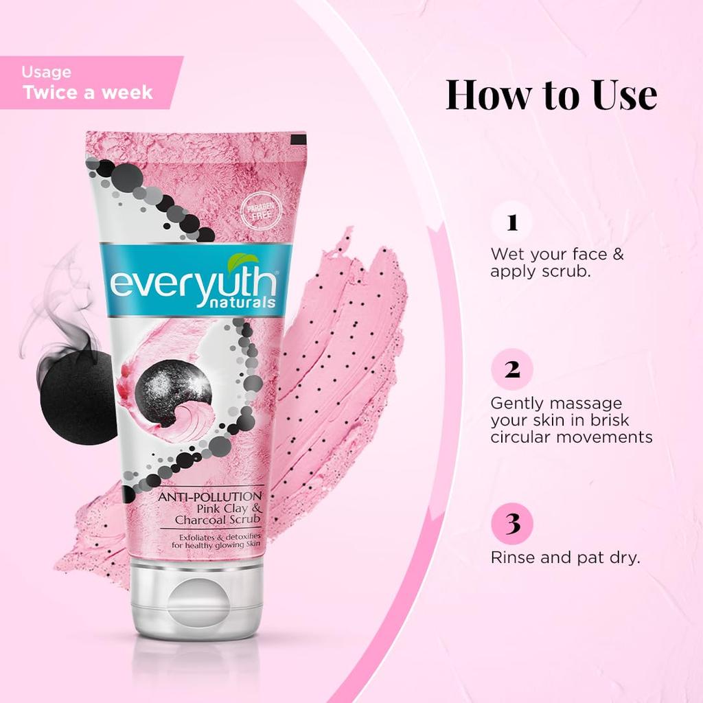 Everyuth Naturals Anti Pollution Pink Clay Charcoal Face Scrub 100g Gentle Exfoliating Cleanser for Healthy Glowing Skin