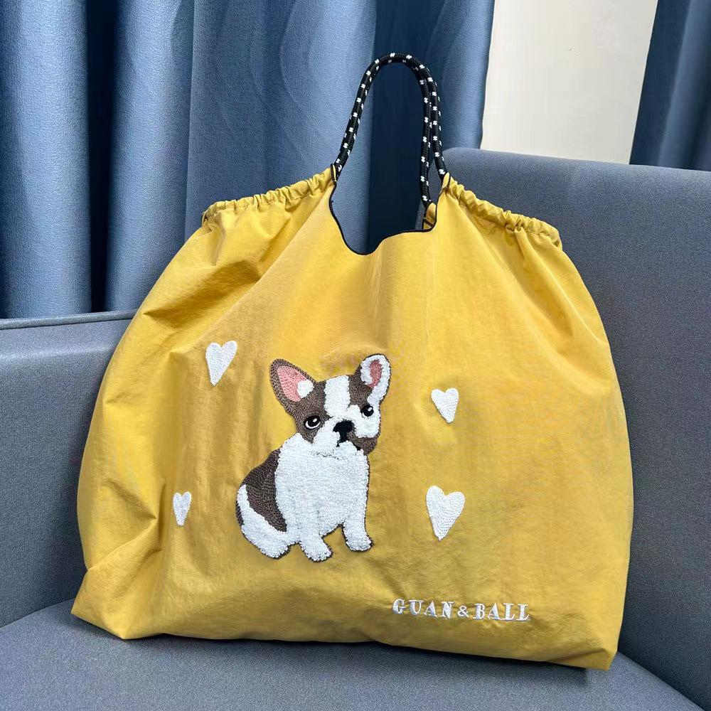 2024 Japanese-Style Cute Dog Embroidered Nylon Eco-Friendly Shoulder Shopping Bag