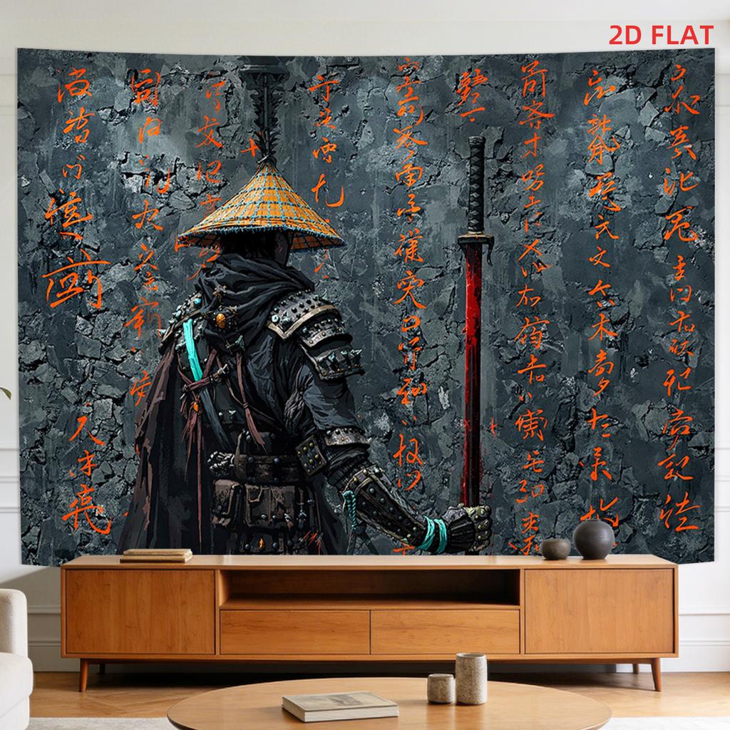 Large Japanese Samurai Wall Tapestry Asian Warrior Calligraphy Scroll Decor Grunge Background Print for Man Cave Living Room Art