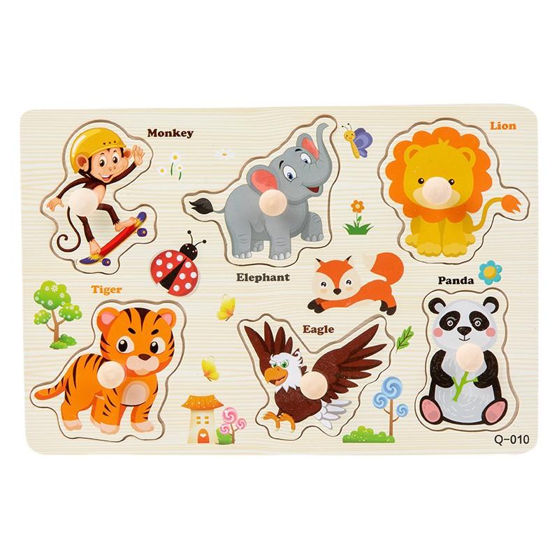 Baby Montessori Wooden Puzzle Hand Grab Board Toys Educational Alphabet Shape Puzzles for Kids Cartoon Animal Vehicle Child Gift
