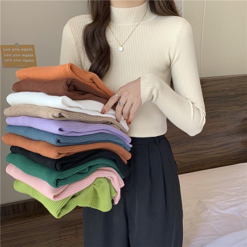 Women's Slim Fit High Neck Sweater: Korean Style, Long Sleeve Knit Top for Autumn/Winter 2024