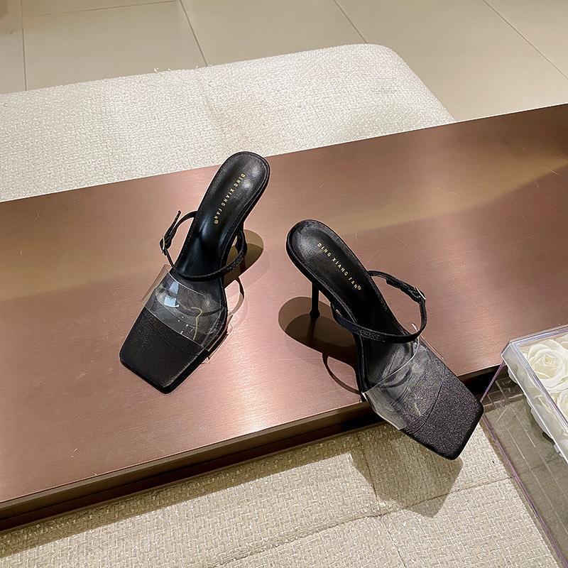 Square head transparent high heels for women's 2025 new open-toed one-word cool slippers for women's summer outer wear temperament sandals