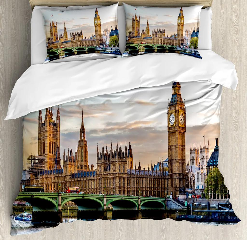 London's Clocks Trams Bridges Bedding Set London Duvet Cover Set London Telephone Booth In The Street Traditional Local Cultural
