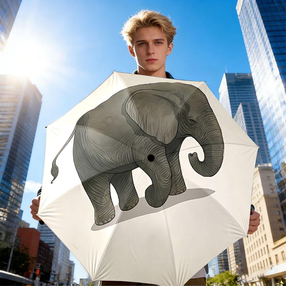 Retro Round Gray Elephant Drawing Gray Patterned Folding Umbrella